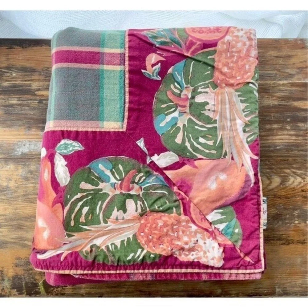 April Cornell Vintage Plaid Tropical Fruit Cotton Tablecloth 50x90 Burgundy Teal